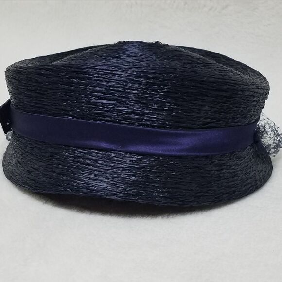 ?VINTAGE 40s Blue Straw Face Covered Pillbox Hat main image 6